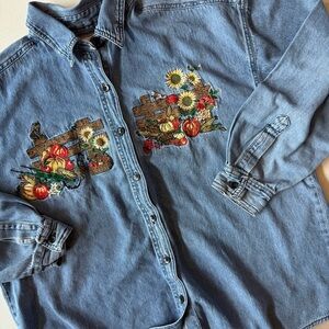 Vintage Keren Hart Women’s Large Denim Shirt Fall Harvest Embroidered Sunflower